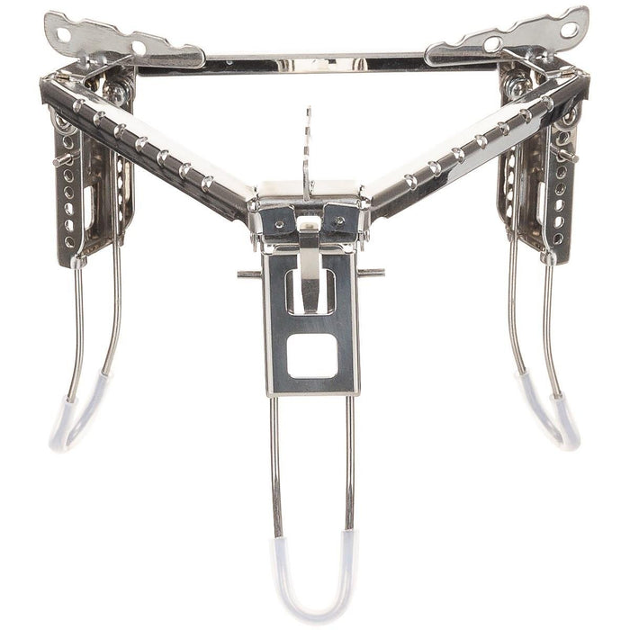Foldable stainless steel campfire pot stand with three adjustable legs for stable outdoor cooking and BBQ tripod use