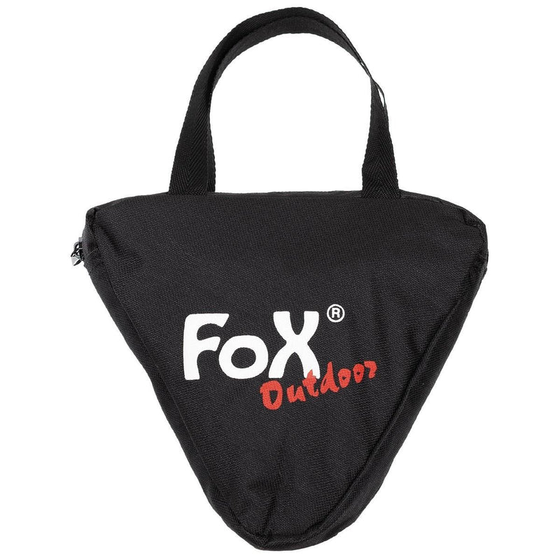 Black triangular carrying bag with Fox Outdoor logo for portable outdoor campfire pot stand tripod