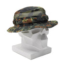 Camouflage military tactical boonie hat with mesh top and MOLLE loops for outdoor summer use on white mannequin head.