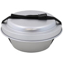 Compact lightweight aluminum camping cookware set with pots and pan secured by a black strap for easy portability