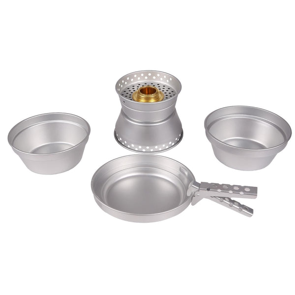 MIL-TEC aluminum camping cookware set with two pots, pan, and compact brass burner for hiking and outdoor cooking.