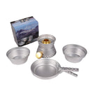 MIL-TEC aluminum camping cook set with two pots, frying pan, and brass burner for hiking and outdoor cooking.