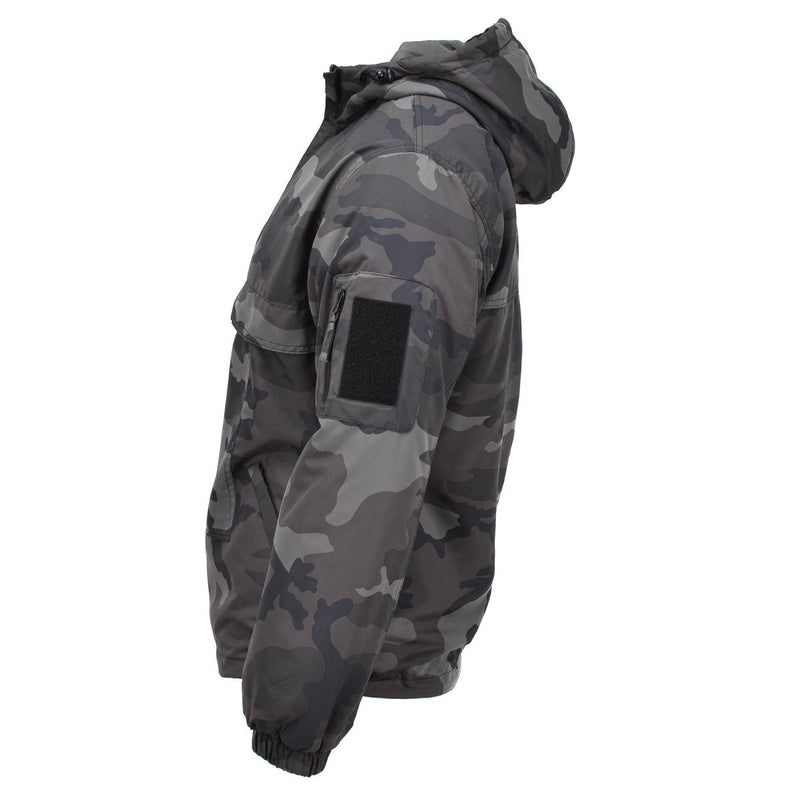 Side view of MIL-TEC lightweight CCE night camouflage anorak jacket with hood and zippered sleeve pocket