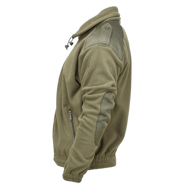 Olive green MIL-TEC army style fleece jacket with reinforced shoulders and elbows, designed for cold weather outdoor use.