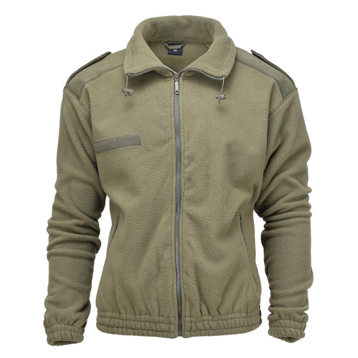 Olive green MIL-TEC army style fleece jacket with zip front, thermal insulation, and reinforced design for cold weather.