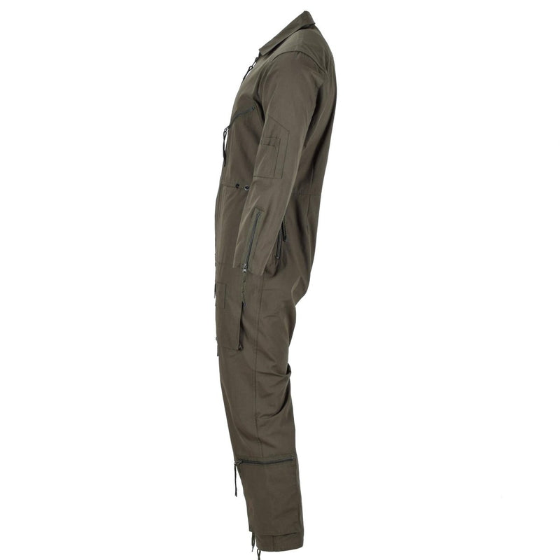 Side view of Mil-Tec olive green German army coverall jumpsuit for men with multiple zippered pockets and durable design
