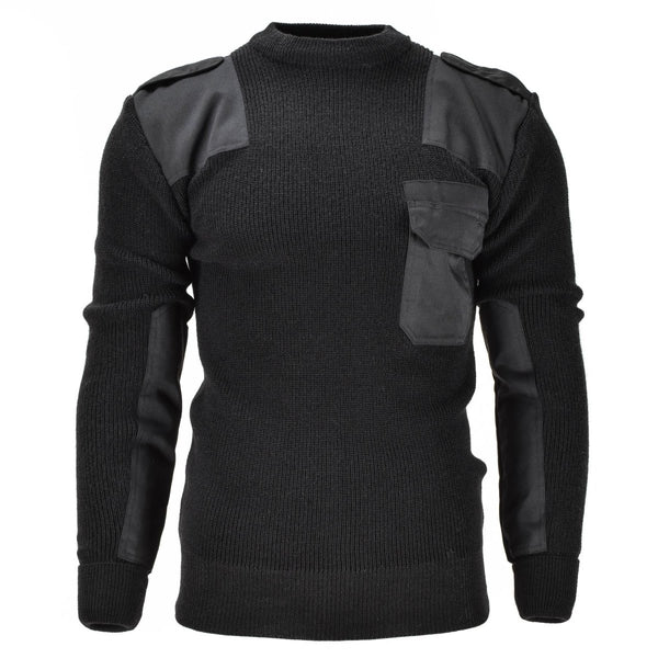 Mil-Tec black German Bundeswehr pullover sweater with reinforced elbows, shoulder pads, epaulets, and chest pocket design.
