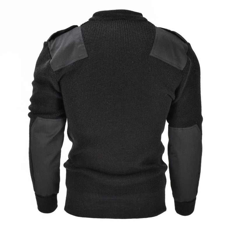 Back view of Mil-Tec German Bundeswehr wool sweater with reinforced shoulder and elbow pads in black color