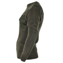 Side view of Mil-Tec olive green German Bundeswehr wool commando sweater with reinforced elbow patches and chest pocket