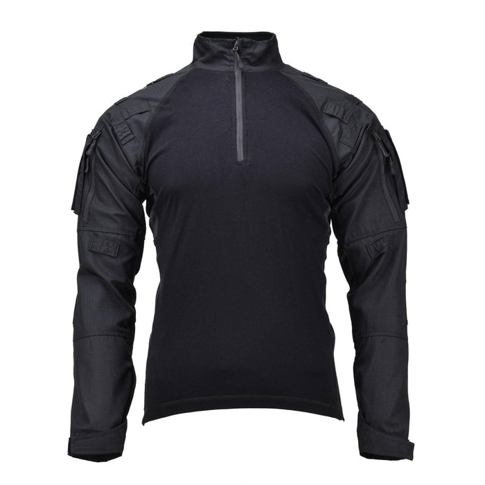 Black Mil-Tec tactical combat shirt with padded elbows, zip collar, and multiple attachment loops for gear.