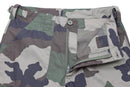 Close-up of Mil-Tec Brand military style CCE camo ripstop BDU pants with zipper and button fly open