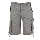 Military-style gray prewashed moleskin cargo shorts with belt loops and multiple secured pockets for outdoor use