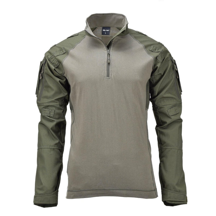 Mil-Tec olive green military style tactical combat shirt with zippered collar and reinforced sleeves