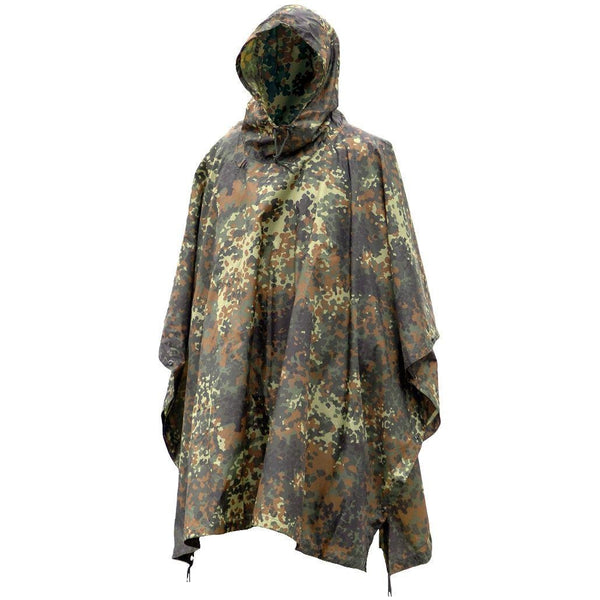 Mil-Tec military style poncho in Flecktarn camo, lightweight, waterproof, with hood and eyelets for shelter use.