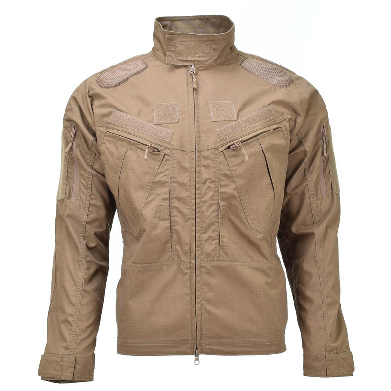 Mil-Tec military style coyote brown ripstop combat jacket with zippered pockets and reinforced elbows.