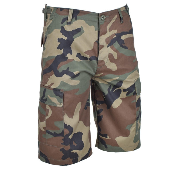 Mil-Tec military style woodland camouflage Bermuda cargo shorts with multiple pockets and durable fabric for outdoor use