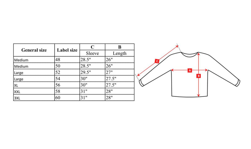 Size chart for Mil-Tec olive green Alpine pullover sweater showing chest, sleeve, and length measurements in inches.