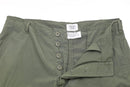 Close-up of olive drab Mil-Tec U.S. Army M64 Vietnam jungle style combat pants with button fly and adjustable waist.