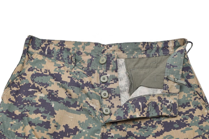 Close-up of Mil-Tec U.S. Army style digital woodland camo pants with button fly and ripstop fabric detail