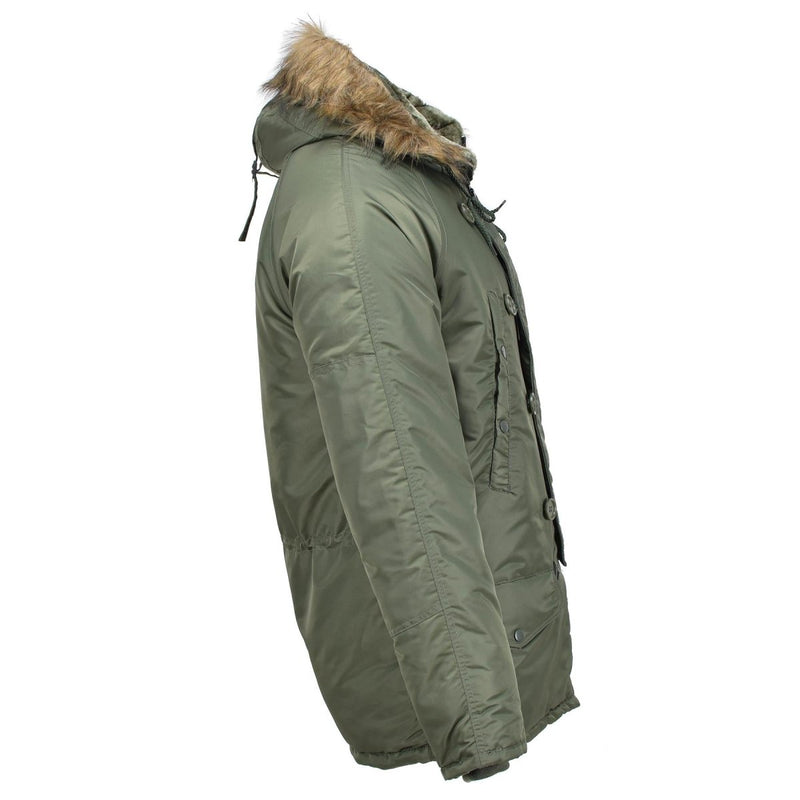 Olive green MIL-TEC U.S. Military style aviator parka N3B with faux fur hood and insulated winter design.