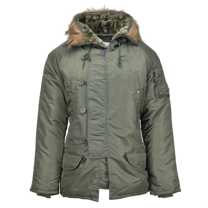 Parka aviateur olive MIL-TEC de style militaire américain N3B avec capuche en fausse fourrure et doublure isolée pour temps froid