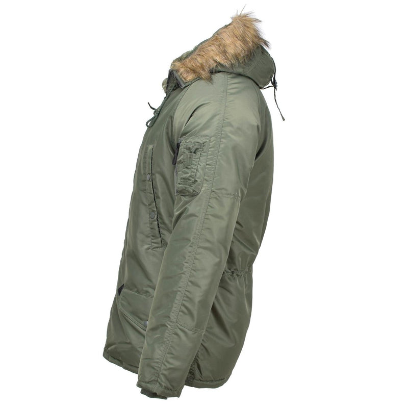 Side view of MIL-TEC olive green aviator parka with faux fur hood designed for cold weather and military style.