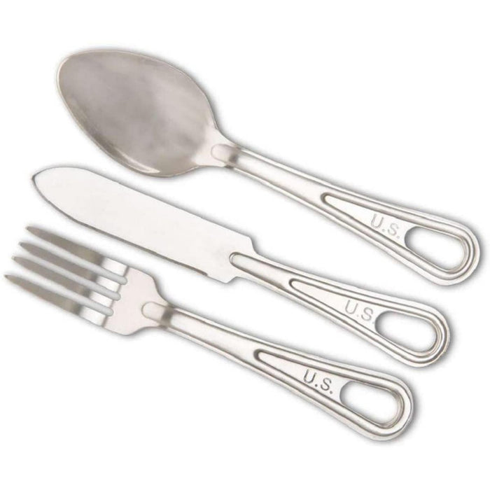 Stainless steel Mil-Tec U.S. Military style cutlery set with spoon, fork, and knife for outdoor use.