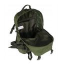 Olive green tactical backpack open to show spacious main compartment and durable straps with buckles.