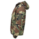 Side view of MIL-TEC German Military winter woodland camouflage combat jacket with hood and lined interior