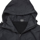 Close-up of black MIL-TEC German military jacket with windproof hood and soft fleece lining inside