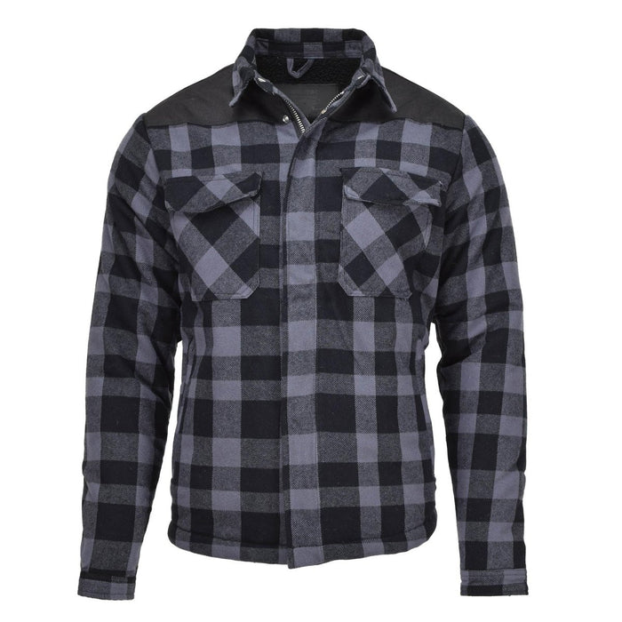 Black and gray plaid checkered MIL-TEC German lumberjack jacket with pockets and sturdy fabric for warmth and durability.