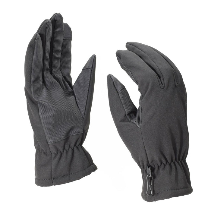 Gants d'hiver softshell Mil-Tec noirs avec doublure 3M Thinsulate, bracelet élastique et poignée antidérapante pour temps froid.