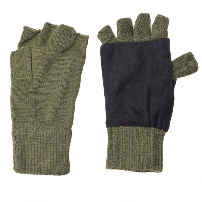 Olive green fingerless gloves with black palm patch, Thinsulate lined for warmth and mobility in cold weather.
