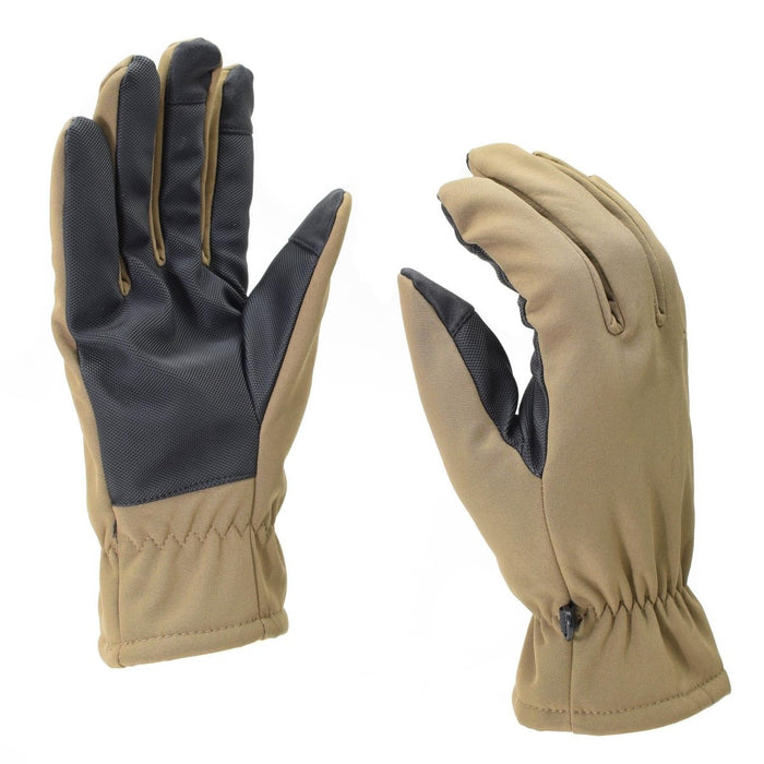 Paire de gants softshell Mil-Tec marron coyote avec paume antidérapante noire et doublure thermique Thinsulate pour une utilisation hivernale.