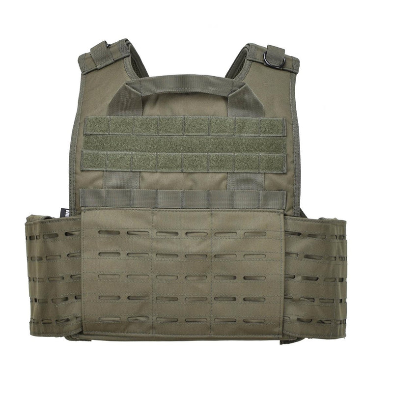Olive green MIL-TEC laser cut modular plate carrier vest with MOLLE attachment system and adjustable straps
