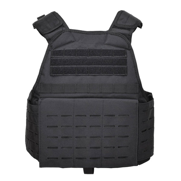 Black MIL-TEC Laser Cut tactical combat plate carrier vest with MOLLE compatibility and adjustable shoulder straps.