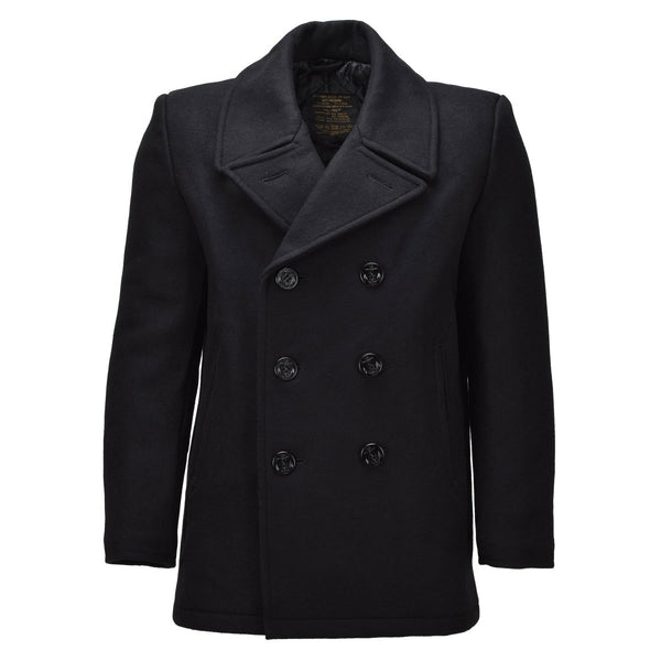 MIL - TEC Mens Pea Coat Wool Blend Navy Style Double Breasted Jacket Black - GoMilitar