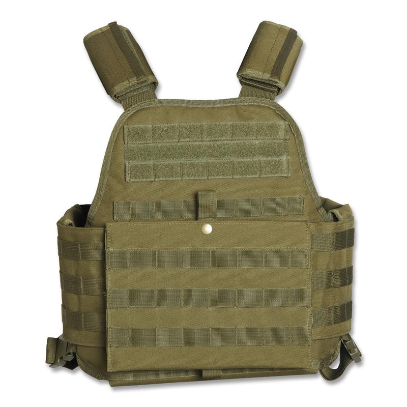 Olive green MIL-TEC military plate carrier tactical vest with MOLLE webbing and adjustable straps for combat armor protection