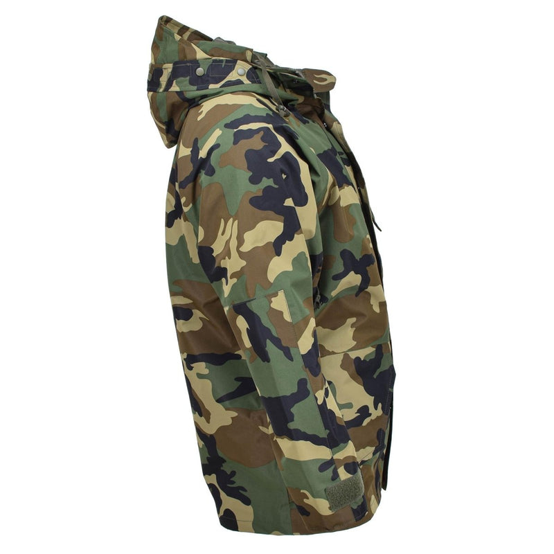 Side view of MIL-TEC camo military waterproof windproof goretex jacket with adjustable storm hood and cuffs