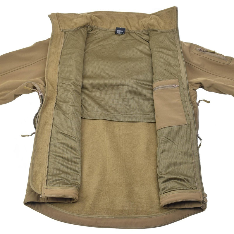 Inside view of MIL-TEC soft shell tactical jacket in dark coyote with fleece lining and zippered chest pocket.