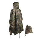 MIL-TEC camouflage waterproof poncho with hood, PVC coated, lightweight, and includes matching storage bag.