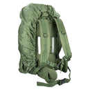 Back view of MIL-TEC RANGER 75L tactical backpack with rain cover, padded straps, and adjustable hip belt for hiking.