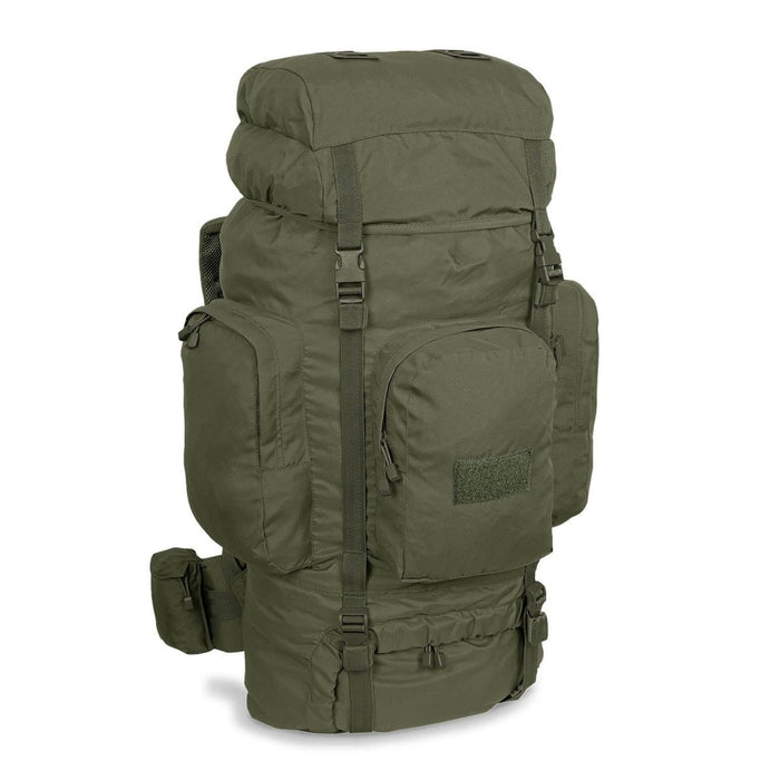 Large MIL-TEC RECOM olive hiking rucksack with multiple compartments, padded straps, and durable tactical design for trekking