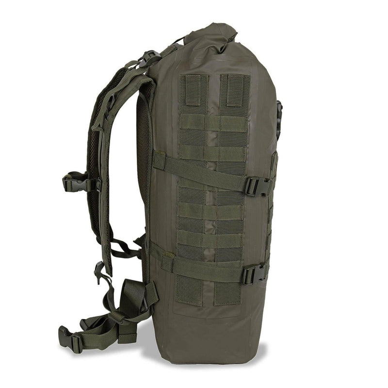 Olive green MIL-TEC SEALS 35L waterproof tactical roll-up backpack with adjustable straps and MOLLE webbing