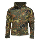 MIL-TEC softshell jacket in German Flecktarn camo with zippered pockets, reinforced elbows, and adjustable cuffs for outdoor use.
