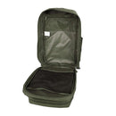 Open olive green MIL-TEC U.S. Assault 36L backpack showing spacious compartments and organizational pockets inside