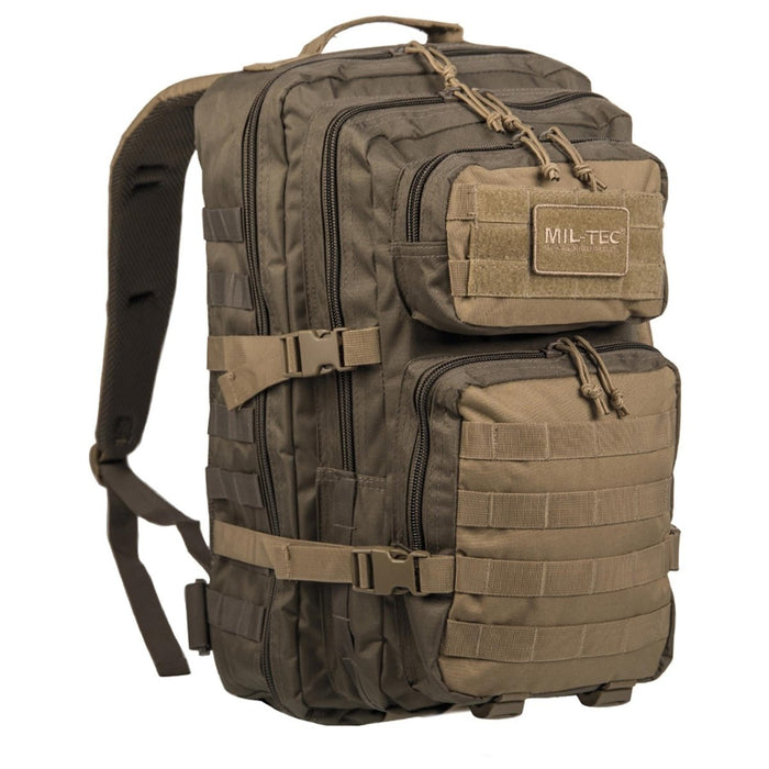 MIL-TEC U.S. Assault Ranger olive 20L tactical backpack with multiple compartments and adjustable straps for hiking, trekking