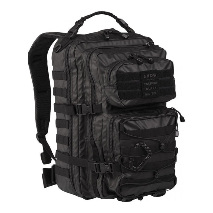 Black MIL-TEC U.S. Assault Ranger tactical backpack with multiple compartments, padded straps, 36-liter capacity, PVC coated.