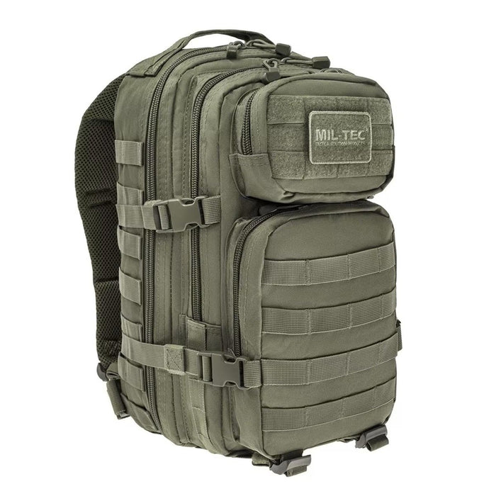 Olive MIL-TEC U.S. Assault style tactical backpack, multiple compartments, MOLLE system, 20L capacity for hiking, outdoor use