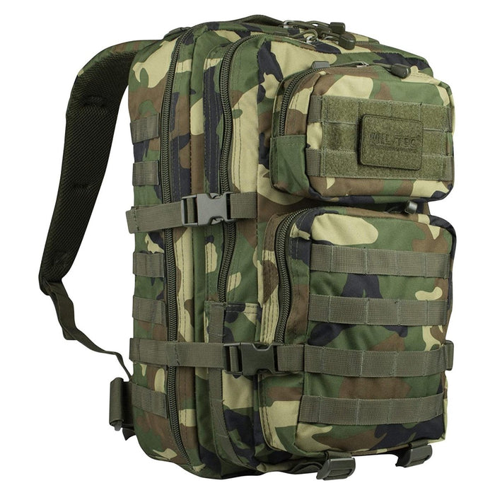 MIL-TEC U.S. Assault 36L backpack in woodland camo with multiple compartments and adjustable straps for hiking, tactical use